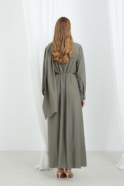 Puane Women's Shawl Collar Belted Long Dress-12629Elb