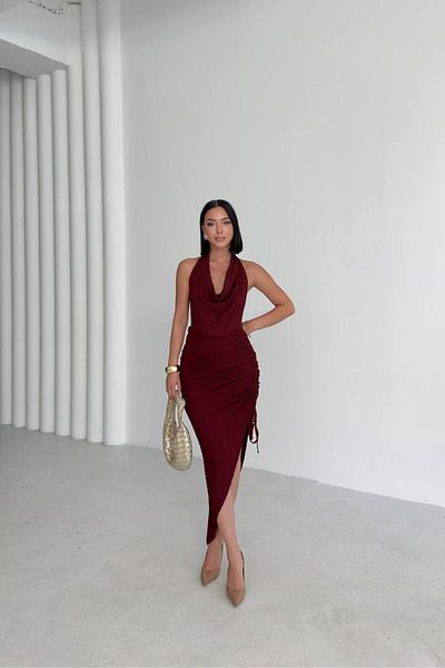 MOZENA Sandy Degaje Collar Tie Back Deep Slit Gathered Dress