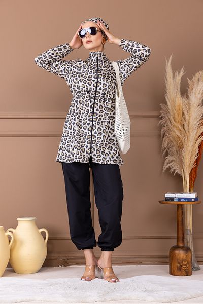 dilber fashion Leopard Pattern Bonnet and Bag Gift Gathered Waist Hijab Swimsuit Set