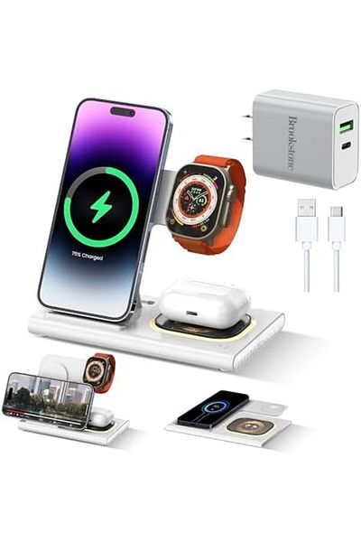 brookstone 3-in-1 Wireless Charging Station, 2 Port 18W Wall Charger & High-Speed Cable