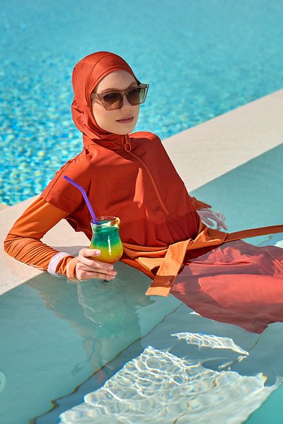 Marina Swimwear Orange Full Covered Hijab Swimsuit with Belt Detail, 4 Piece Set M2523-2