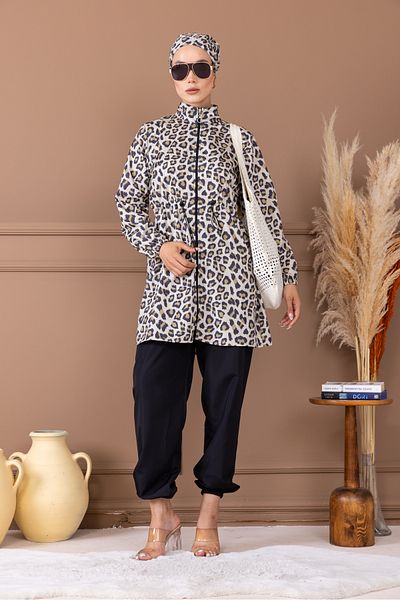 dilber fashion Leopard Pattern Bonnet and Bag Gift Gathered Waist Hijab Swimsuit Set