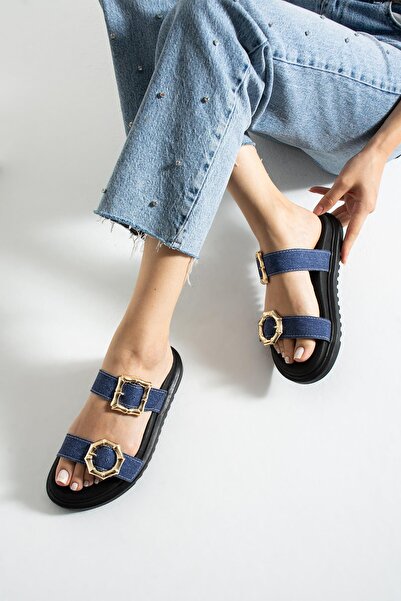 diclepolat Papuci de damă Larin Denim cu două catarame cu talpă plată