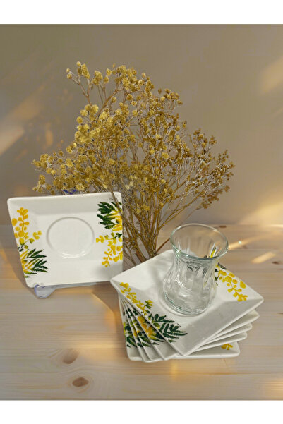 Piatti Naturali طقم من 6 أطباق شاي سيراميك منقوشة بميميوزا مصنوعة يدويًا