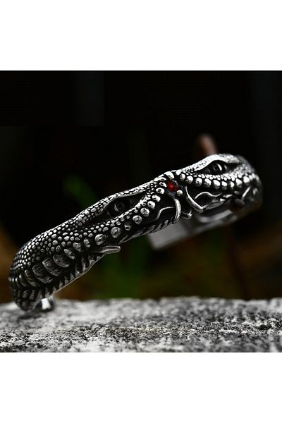 Viking Snake Skin Red Zircon Stone Adjustable Tarnish-Free & Stainless Steel Bracelet