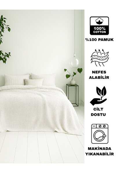 Bhoota Home Waffle Çift Kişilik Yatak Örtüsü Seti %100 Pamuk Battal Boy, Nefes Alabilir Yapı, 230x240cm