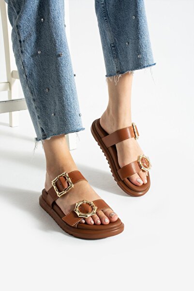 diclepolat Γυναικείες παντόφλες Larin Taba με δύο αγκράφες με επίπεδη σόλα