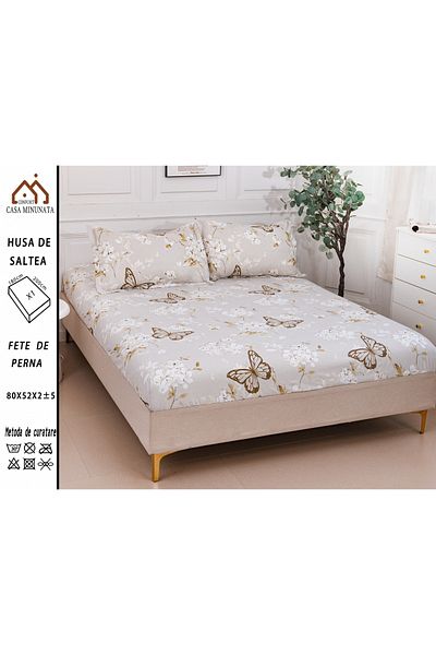 FIONNA.RO Satin Cotton Elastic Pillowcase and Pillowcases 180x200cm - Flowers and Butterflies