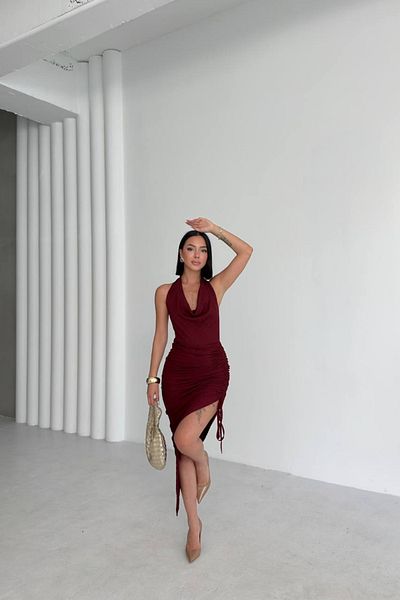 MOZENA Sandy Degaje Collar Tie Back Deep Slit Gathered Dress