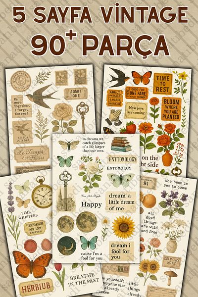 sanatıbedi مجموعة ملصقات كلاسيكية مكونة من 90 قطعة و5 صفحات - ملصق دفتر ملاحظات للهاتف من Ajanda Scrapbook Bullet Journal