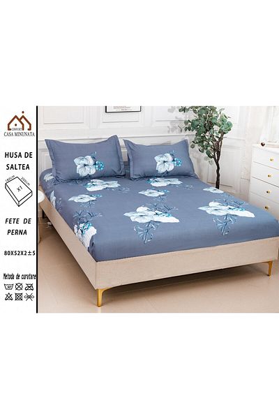 FIONNA.RO Husa cu Elastic si Fete de Perna Bumbac Satinat 180x200cm - Albastru Floral