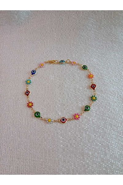 MODA MANANI Women's Anklet with Colorful Evil Eye Beads and Flower Detail – Summer Foot Jewelry