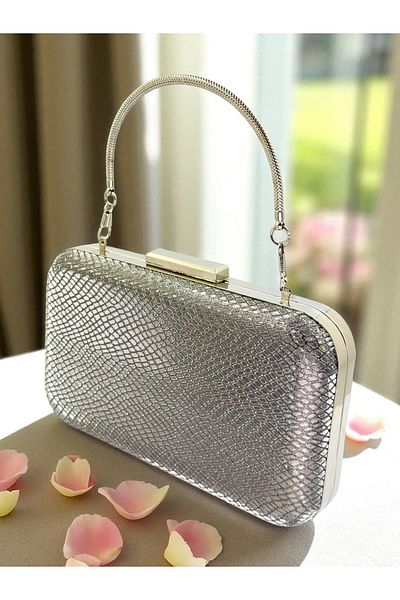 Biçanta Anthracite Gray Platinum Color Laser Snake Pattern Evening Dress Bag Night Wedding Wedding Engagement Graduation Portfolio