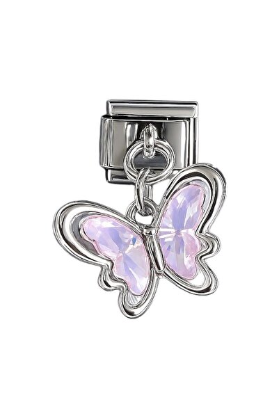 Dumledo Crystal Pink Butterfly Steel Italian Charm
