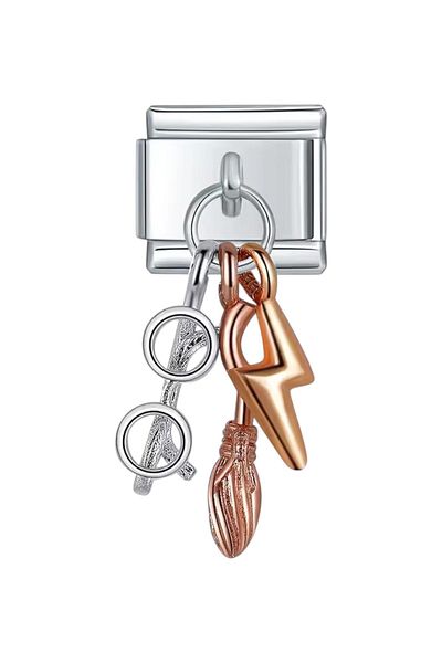 Dumledo Harry Potter Glasses, Broom and Lightning Steel Italian Charm