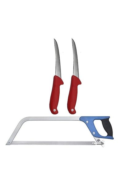 Globalport Retail Professional butcher set: 2 R-Red stainless steel boning knives + bone saw with 450 mm blade