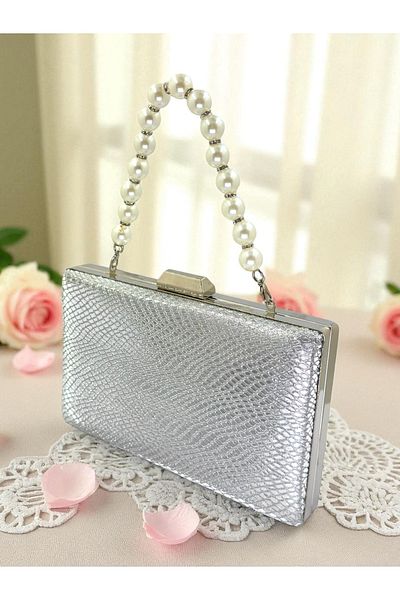 Biçanta Silver Gray Lame Color Laser Snake Pattern Women's Evening Dress Bag Evening Bag Wedding Engagement Portfolio