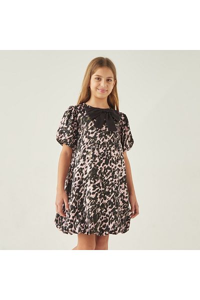 Juniors All-Over Print A-Line Dress with Bow Detail and Short Sleeves