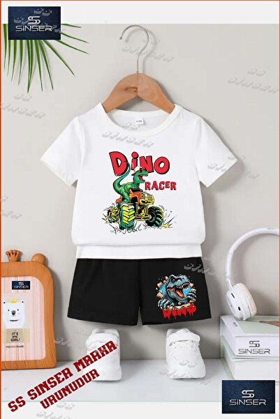 SS SİNSER تي شيرت مطبوع برقبة دائرية للأطفال للجنسين "DINO RACER" - طقم شورت