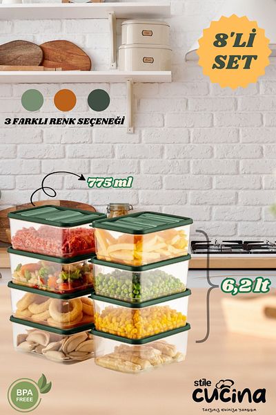 Stile Cucina 8-Piece Refrigerator Organizer Organizer Freezer Storage Container Suitable for Microwave