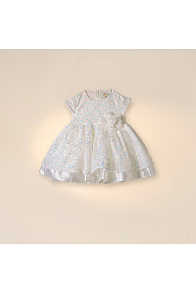 Juniors فستان مرصع بالترتر مع لمسات زهرية وأكمام قصيرة