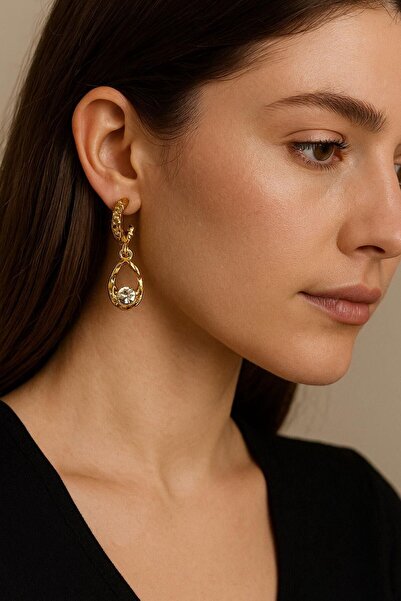 r&s stainless steel Altın Renkli Taş Detaylı Sallantılı 316l Çelik Paslanmaz Kadın Küpe