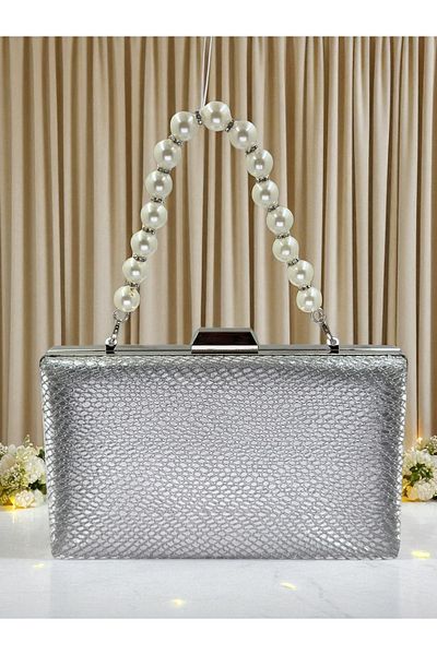 Biçanta Silver Gray Lame Color Laser Snake Pattern Women's Evening Dress Bag Evening Bag Wedding Engagement Portfolio