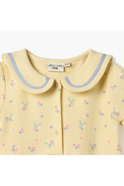 Juniors Floral Print Dress with Peter Pan Collar and Short Sleeves