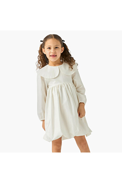 Juniors فستان سادة بياقة بيتر بان وقصة A وأكمام طويلة