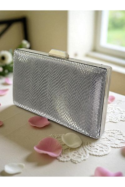 Biçanta Anthracite Gray Platinum Color Laser Snake Pattern Women's Evening Dress Bag Evening Bag Wedding Engagement Portfolio