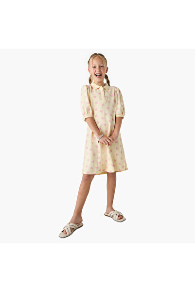 Juniors All-Over Heart Print Polo Dress with Puff Sleeves