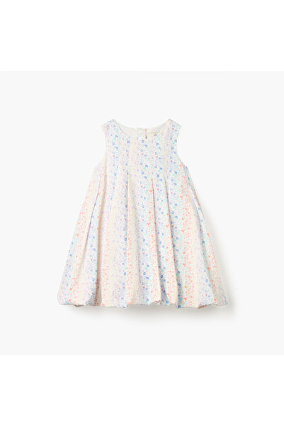 Juniors Floral Print Sleeveless A-line Dress with Pleat Detail