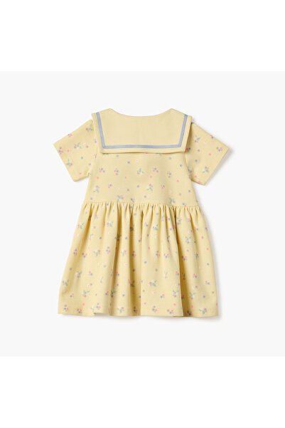 Juniors Floral Print Dress with Peter Pan Collar and Short Sleeves