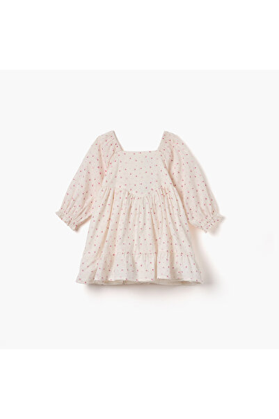 Juniors Floral Print A-line Dress with Square Neck and Long Sleeves