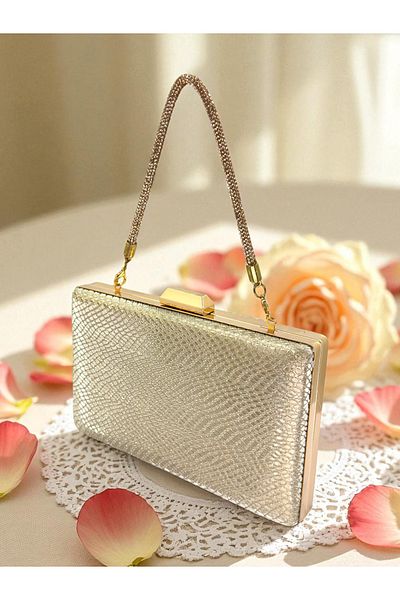 Biçanta Gold Gold Gold Color Laser Snake Pattern Women's Evening Dress Bag Evening Bag Wedding Engagement Portfolio