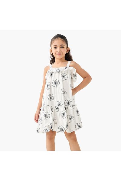 ELIGO All-Over Floral Embroidered Sleeveless Balloon Dress with Ruffles