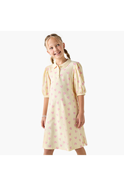 Juniors All-Over Heart Print Polo Dress with Puff Sleeves