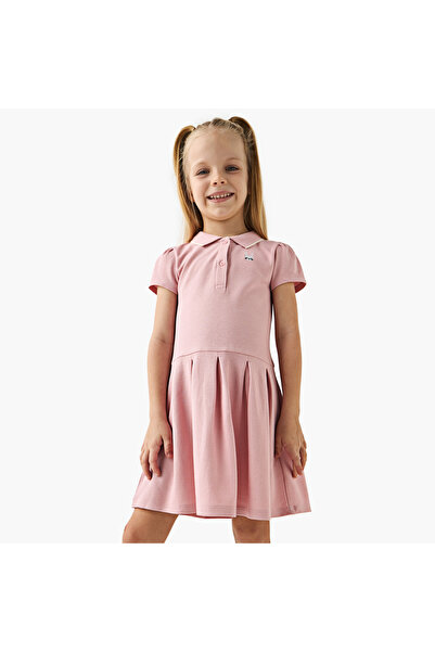 Juniors Bunny Embroidered Polo A-line Dress with Button Closure
