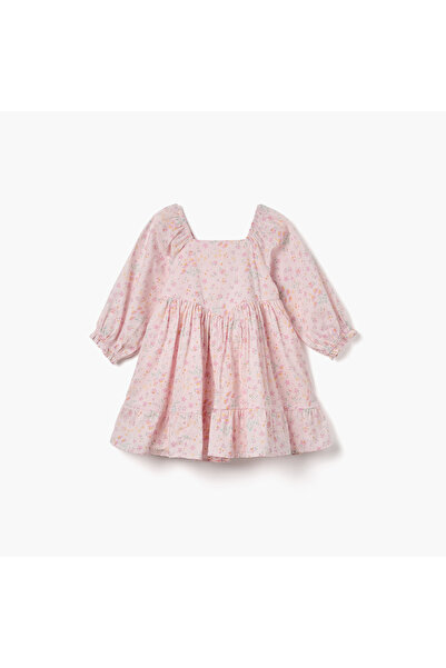 Juniors Floral Print A-line Dress with Square Neck and Long Sleeves