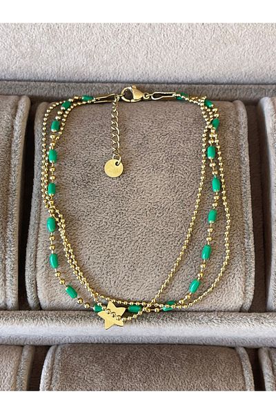 Rupen Kraft 316 L Surgical Steel 3 Row Chain Green Enamel Stainless Tarnish Steel Anklet