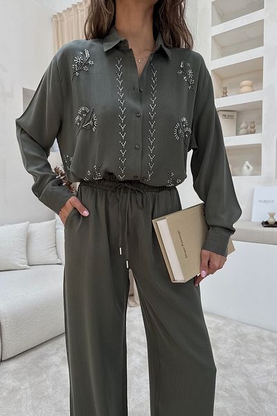 MİA NOURA Women's Front Bead Embroidered Shirt Pants Set