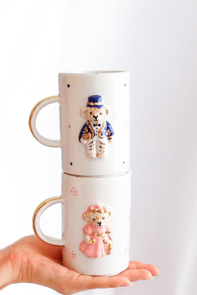 SİNEM YAMAN HOME طقم أكواب سيراميك باللون الأزرق الداكن والوردي 250 مل مكون م...