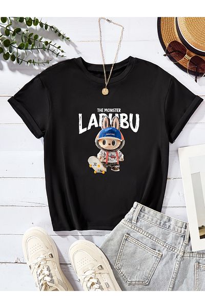 Let's Wear Тениска за момичета с щампа отпред и отзад на чудовището Labubu