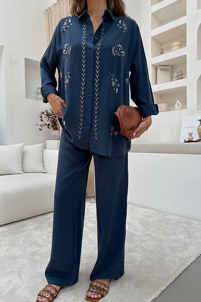 MİA NOURA Women's Front Bead Embroidered Shirt Pants Set