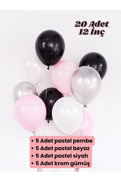 Mielibon Set of 20 Velvet Noir Balloons - Black Silver Pink White 12 Inch Balloon Set