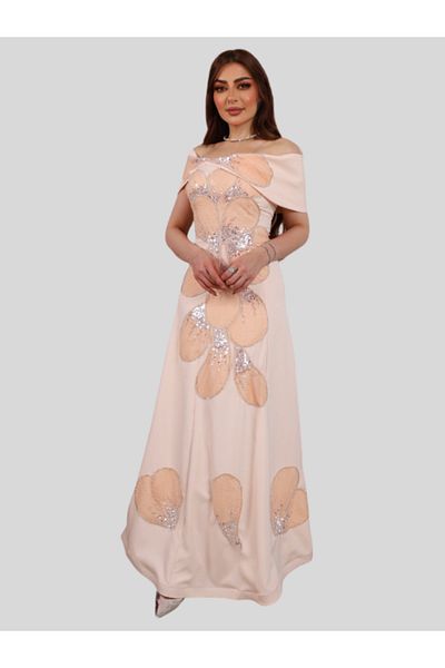 Nice Model Elegant Pink Sequined Off-Shoulder Evening Gown with Floral Applique - Formal Maxi Dress