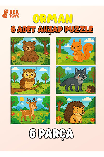 Rex Aksesuar Orman Hayvanları Temalı Eğitici Ahşap Puzzle | Ayı, Sincap, Bayk...