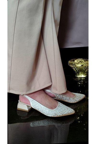 muhhu moda Pearl Detailed, 3 Centimeter Heels, Satin Material, Women's Shoes, Full Mold,