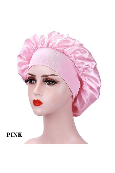 PHILI Pink Satin Sleep Cap with Wide Elastic Band for Head Covering While Sleeping