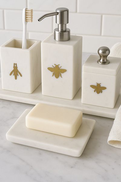 CEZVE HOME Decorative White Marble Silver Detailed Bee Figured 6 Piece Bathroom Set